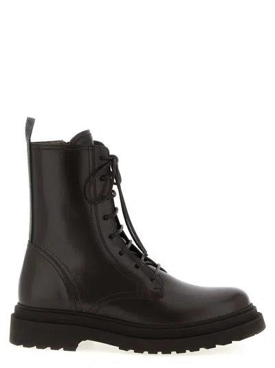 Brunello Cucinelli Shiny Loop Detail Combat Boots In Brown