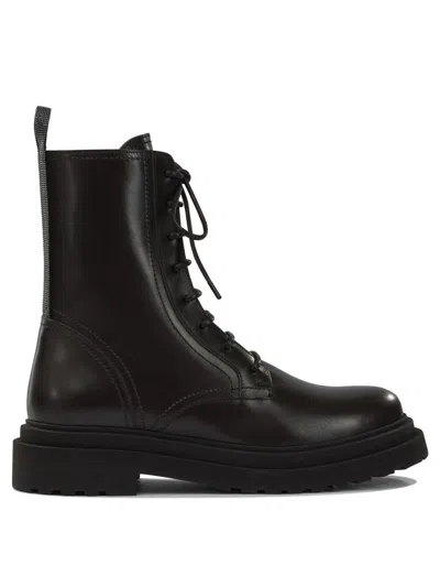 Brunello Cucinelli "shiny Loop Detail" Lace-up Ankle Boots In Brown
