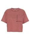 Brunello Cucinelli Red Crewneck T-shirt With All-over Striped Motif And Jewel Detail On The Front In Red