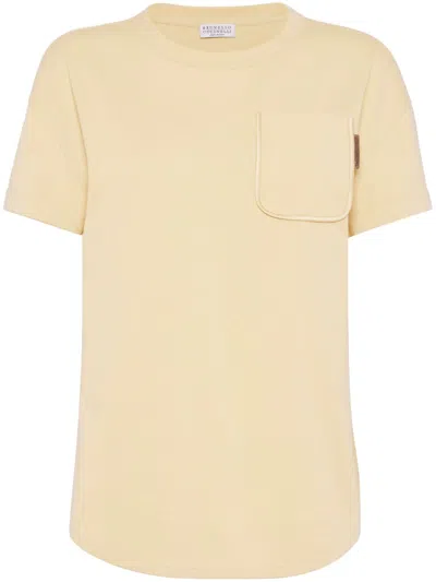 Brunello Cucinelli Shiny Tab Cotton T-shirt In Yellow