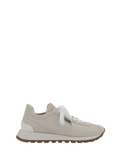 Brunello Cucinelli Shiny Tab Leather Sneaker In Beige