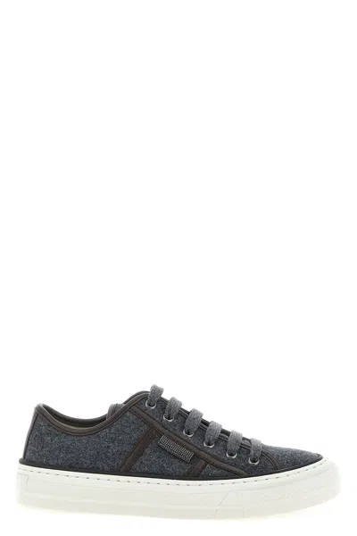 Brunello Cucinelli Shiny Tab Wool Sneakers In Gray