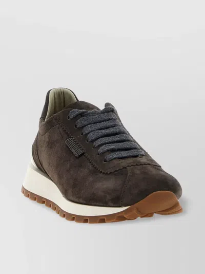 Brunello Cucinelli Shiny Tab Suede Finish Contrast Sole Sneakers