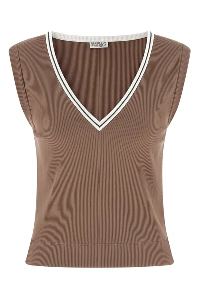 Brunello Cucinelli Knit Tank Top Contrast Trim Neckline In Animal Print