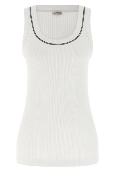 Brunello Cucinelli Women Sleeveless Ribbed Top In Stretch Cotton With Jewelled Trim In White
