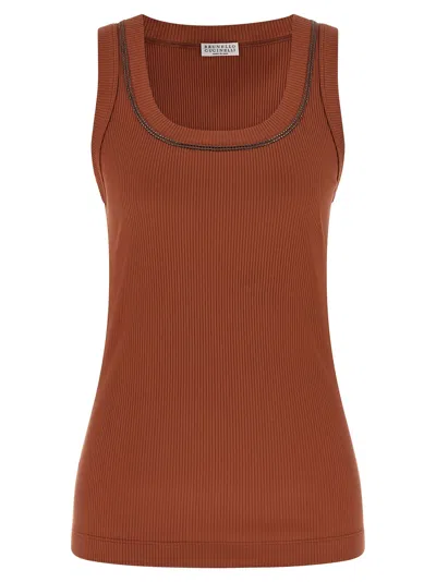 Brunello Cucinelli Shiny Trim Tops Brown