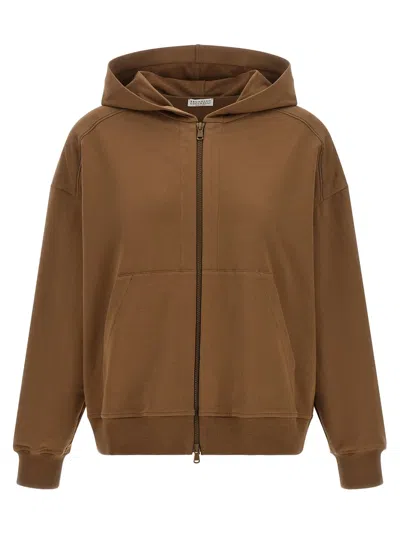 Brunello Cucinelli Stretch Cotton With Monile Details Hoodie In Brown