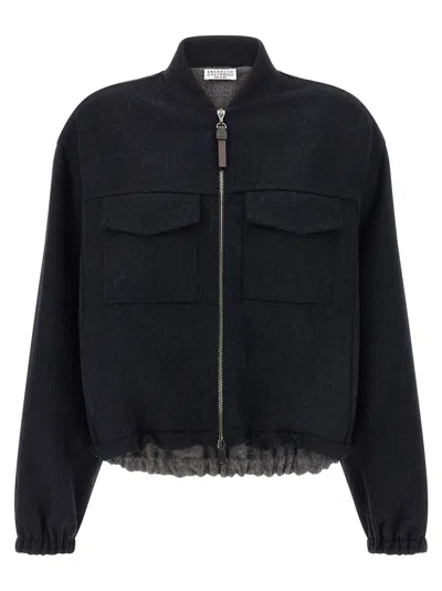 Brunello Cucinelli Shiny Zipper Pull Bomber Jacket In Black