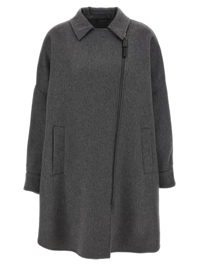 Brunello Cucinelli Shiny Zipper Pull Coat Coats And Trench Coats Gray