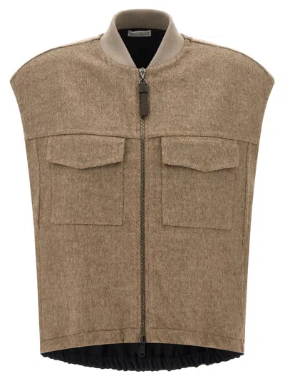Brunello Cucinelli Shiny Zipper Pull Gilet Beige