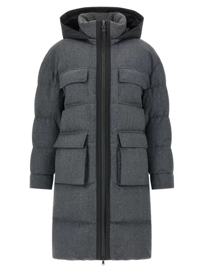 Brunello Cucinelli 'shiny Zipper Pull' Long Down Jacket In Gray