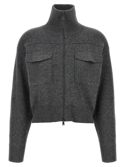 Brunello Cucinelli Shiny Zipper Pull Sweaters And Cardigans Gray
