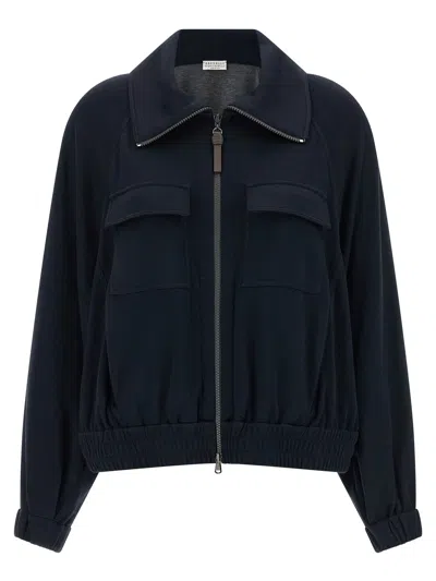 Brunello Cucinelli Cotton-silk Blend Bomber Jacket In Blue