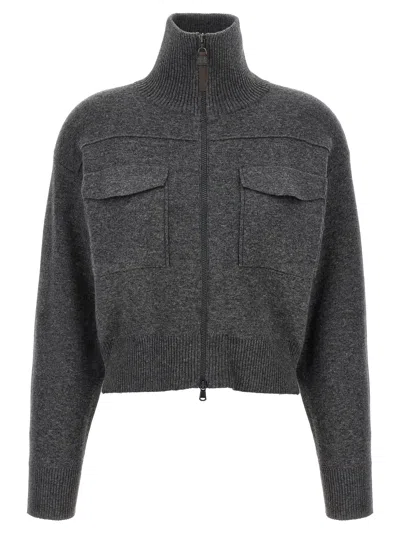 BRUNELLO CUCINELLI SHINY ZIPPER PULL WOOL CARDIGAN