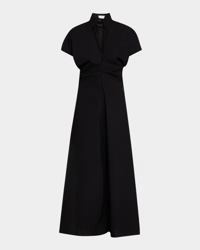 Brunello Cucinelli Shirred-waist Cap-sleeve Cotton Poplin Maxi Shirtdress With Monili Trim In C101 Black