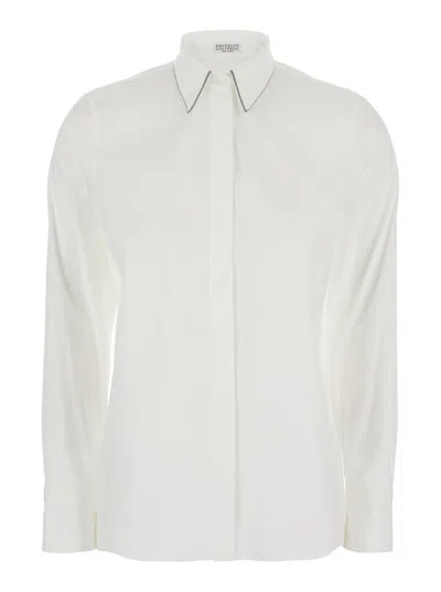 BRUNELLO CUCINELLI BRUNELLO CUCINELLI WOMEN WHITE SHIRT WITH POINTED COLLAR AND MONIL DETAIL ON THE COLLAR IN COTTON BL