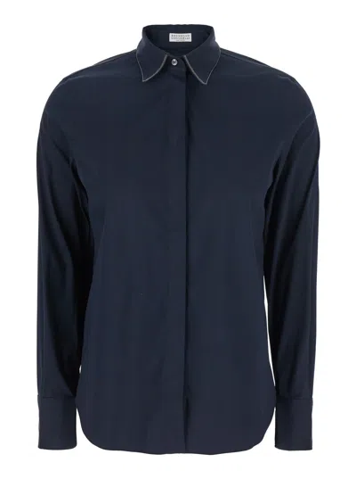 BRUNELLO CUCINELLI BRUNELLO CUCINELLI WOMEN BLUE SHIRT WITH POINTED COLLAR AND MONIL DETAIL ON THE COLLAR IN COTTON BLE