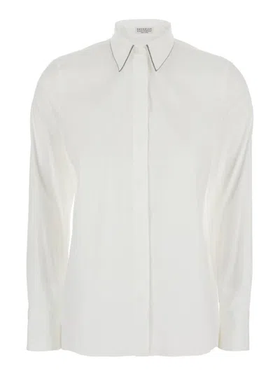 BRUNELLO CUCINELLI WHITE SHIRT WITH POINTED COLLAR AND MONIL DETAIL ON THE COLLAR IN COTTON BLEND WOMAN