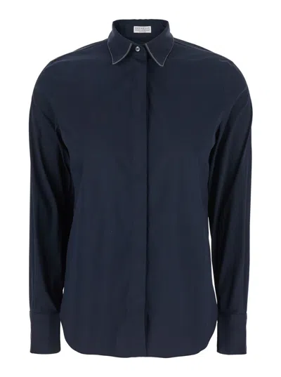BRUNELLO CUCINELLI BLUE SHIRT WITH POINTED COLLAR AND MONIL DETAIL ON THE COLLAR IN COTTON BLEND WOMAN