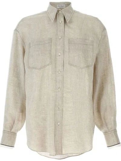 BRUNELLO CUCINELLI LINEN SHIRT WITH `SHINY` CUFFS