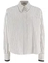 Brunello Cucinelli Long-sleeve Shirt With Vertical Stripes And Contrasting Cuffs In Bianco/tabacco