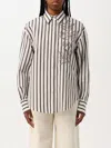 Brunello Cucinelli White Shirt With Floral Embroidery On The Front And All-over Striped Motif In Beige