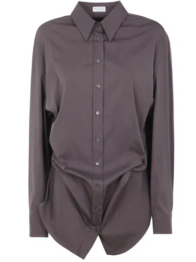 Brunello Cucinelli Collared Neck Long Sleeves Pleated Back Detail In Brown