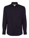 Brunello Cucinelli Men Flannel Slim Fit Shirt With Spread Collar In Dark Blue