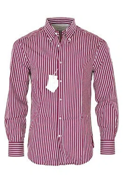 Pre-owned Brunello Cucinelli Shirt Men's M Burgundy Cotton Striped In Red