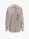 Brunello Cucinelli White Shirt With Floral Embroidery On The Front And All-over Striped Motif In Multicolor