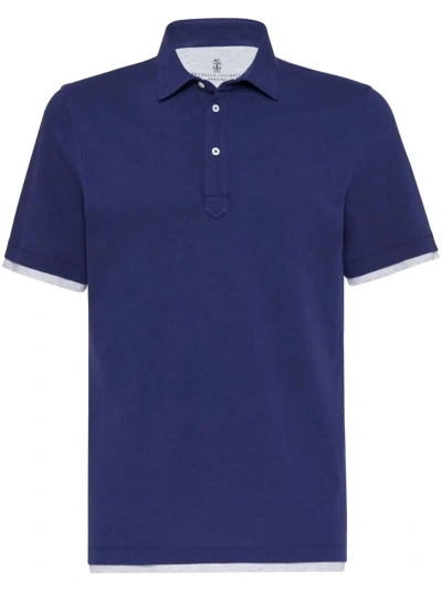Brunello Cucinelli Shirt-style Collar Polo With Faux-layering In Blue