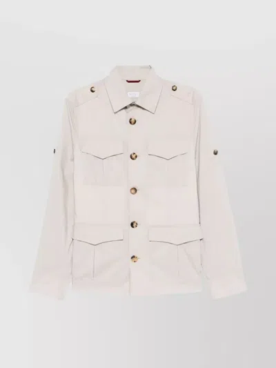 Brunello Cucinelli Shirt Style Jacket Buttoned Epaulettes In Neutrals