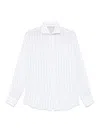 Brunello Cucinelli Men Chalk Stripe Linen Easy Fit Shirt With Spread Collar In White