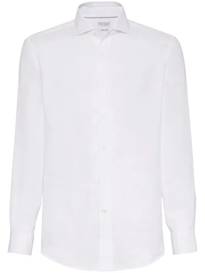 Brunello Cucinelli Button-down Collar Cotton Shirt With Curved Hem In White