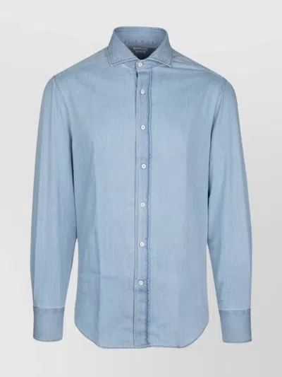 Brunello Cucinelli Shirt With Back Yoke And Curved Hem In Blue