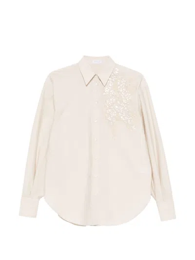 Brunello Cucinelli Shirt With Floral Embroidery And Sequins In Neutral