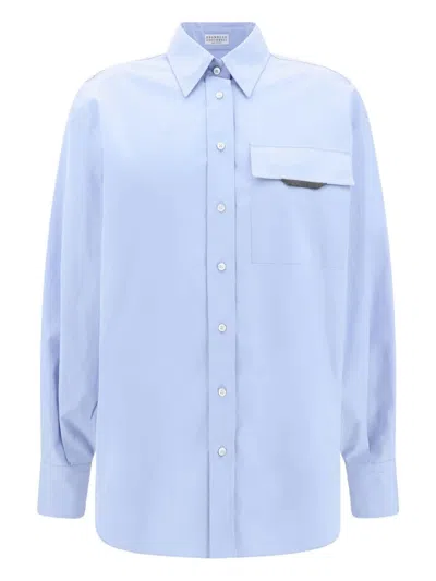Brunello Cucinelli Shirt With Jewel Embellished Pocket In Blue