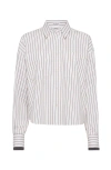 Brunello Cucinelli Long-sleeve Shirt With Vertical Stripes And Contrasting Cuffs In Tobacco