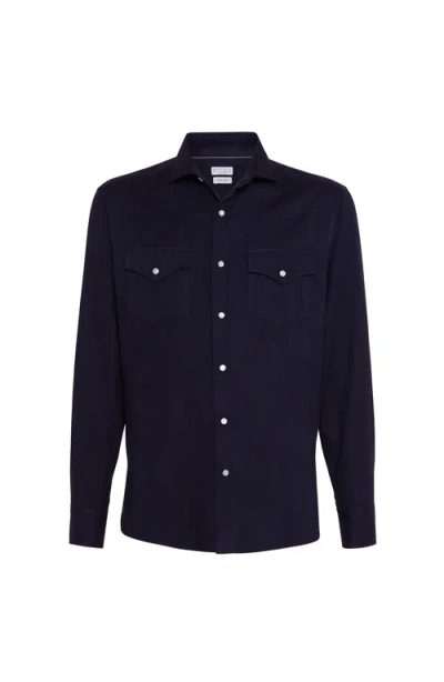 Brunello Cucinelli Stretch Cotton Chevron Flannel Easy Fit Western Shirt In Blue