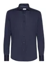 Brunello Cucinelli Men Silk And Cotton Jersey Shirt With Spread Collar In Blue