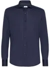 Brunello Cucinelli Herringbone Patterned Cotton-blend Flannel Shirt In Blue