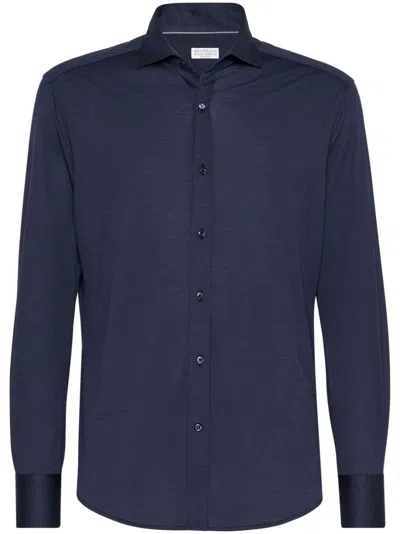 BRUNELLO CUCINELLI SILK AND COTTON JERSEY SHIRT WITH SPREAD COLLAR