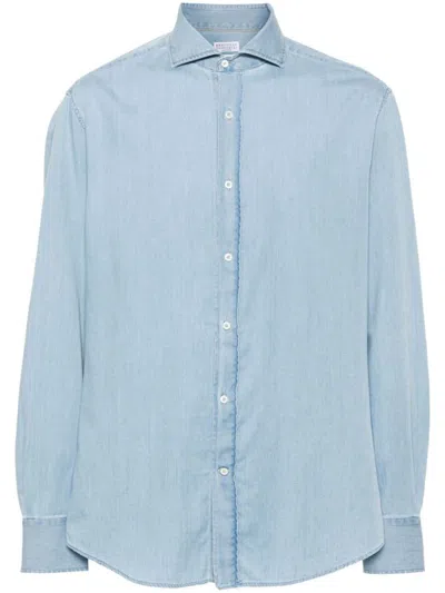 Brunello Cucinelli Spread-collar Cotton Shirt In Blue