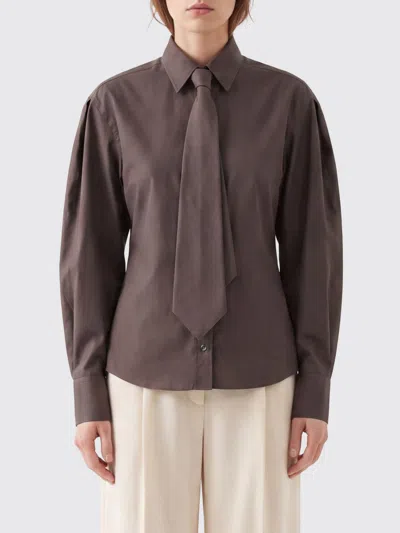 Brunello Cucinelli Cotton Blend With Integrated Tie Shirt In Brown