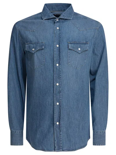 Brunello Cucinelli Men Denim Shirt In Blue