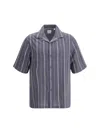 Brunello Cucinelli Textured Stripe Seersucker Easy Fit Short Sleeve Shirt With Camp Collar