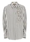 Brunello Cucinelli Women Cotton Striped Shirt With Glistening Flora Embroidery In Neutral