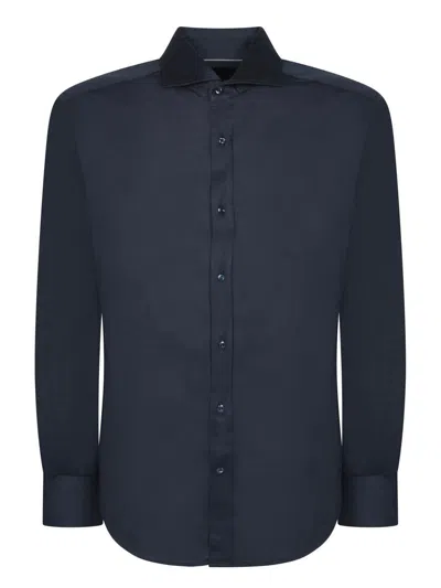 Brunello Cucinelli Slim-fit Cutaway-collar Silk And Cotton-blend Shirt In Blue