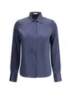 Brunello Cucinelli Long-sleeve Silk Shirt In Blue