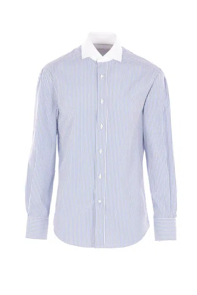 Brunello Cucinelli Striped Cotton Poplin Shirt In Blue